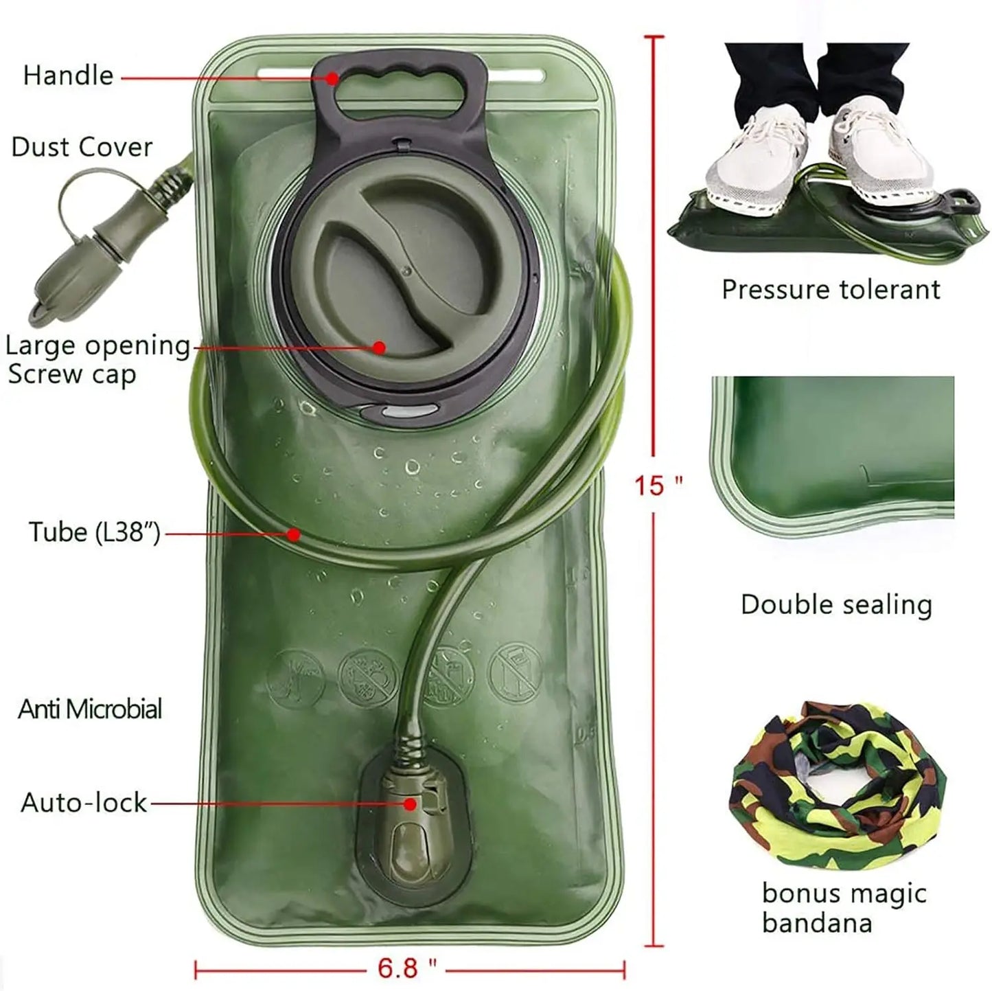 Hydration Bladder 2L Water Bladder for Hiking Backpack Leak Proof Water Reservoir Storage Bag Military Green 2 Liter